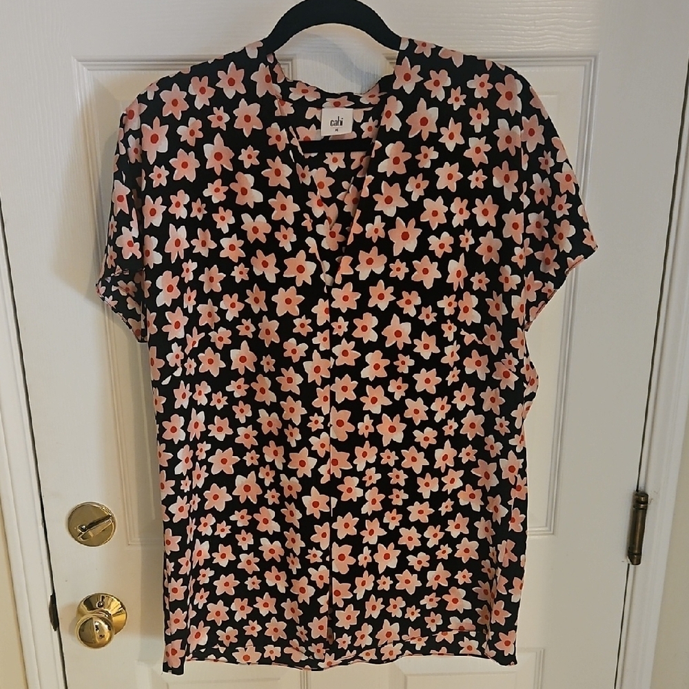 CAbi Black and Pink Boxy Blouse with Mandarin Collar